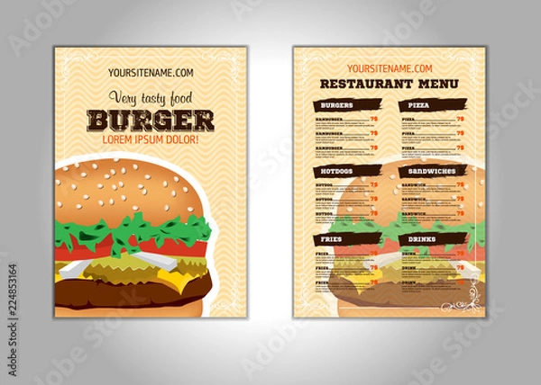Fototapeta Hamburger flyer design vector template in A4 size or A5. Brochure and Layout Design. food concept. vector