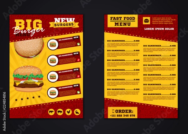 Fototapeta Fast food menu brochure design vector template in A4 size. flyer, baner and Layout Design. food concept.