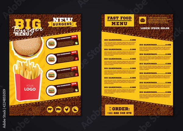 Fototapeta Fast food menu brochure design vector template in A4 size. flyer, baner and Layout Design. food concept.