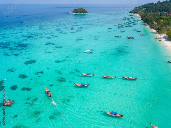Fototapeta High aerial overview of entire tropical Thai island of Ko Lipe and Andman Sea in Thailand