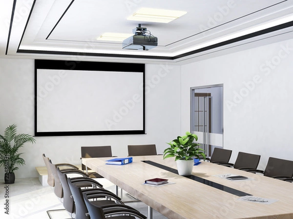 Fototapeta Large conference room with projectors, conference tables and chairs, etc.