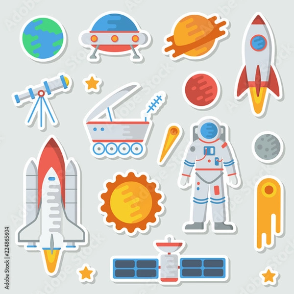 Obraz Zestaw naklejek kosmicznych. Astronauta, Ziemia, kometa, satelita, rakieta, meteoryt, UFO, Księżyc, prom, radar, teleskop, księżyc, gwiazdy, Mars. Ilustracja wektorowa płaski.