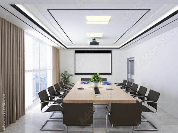 Fototapeta Large conference room, wooden table, chairs and projections