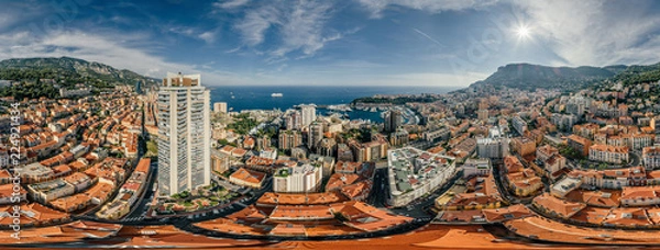 Fototapeta Mountains in Monaco Monte-Carlo city riviera Drone summer photo Air 360 vr virtual reality drone panorama