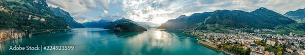 Fototapeta Swiss Mountain Lake nature Drone drone Air 360 vr virtual reality drone panorama