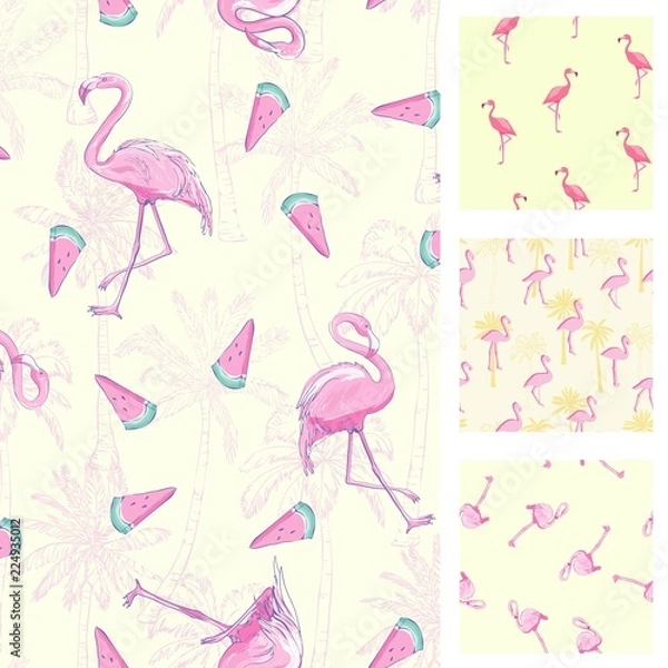 Fototapeta Cute set of Pink Flamingo tropical vibes seamless patterns. Vector illustration.