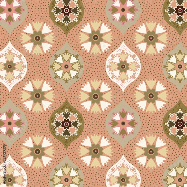 Fototapeta elegant beige, green and orange decorated and textured ogee and floral pattern for textile, fabric, backgrounds, backdrops and creative surface designs. pattern swatch at eps. file 