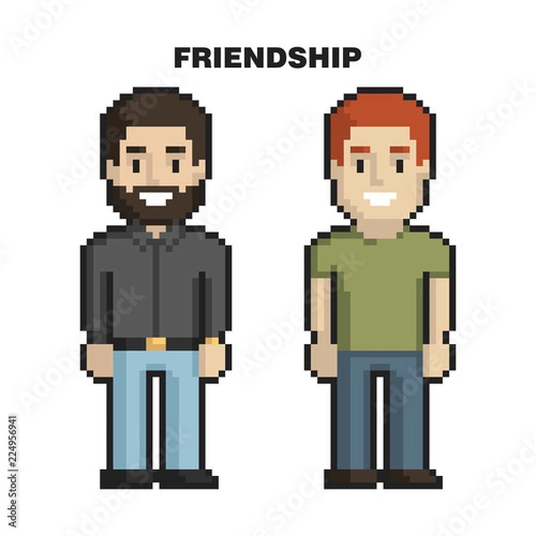 Obraz Male friendship. Two friends pixel art on white background. Vector illustration.