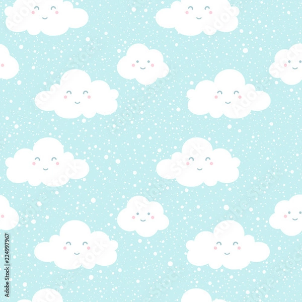 Fototapeta Blue sky with clouds silhouettes and snowfall, falling dot snowflakes, flakes splash, spray, spot texture. Funny smiling cartoon faces. Vector seamless repeat pattern. Winter, Christmas background.