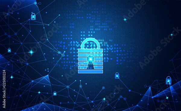 Fototapeta Abstract technology cyber security privacy information network concept padlock protection digital network internet link on hi tech blue future background