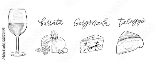 Obraz traditional Italian cheese burrata, gorgonzola, taleggio and glass of white wine vintage engraving illustration with its name calligraphy on craft paper background
