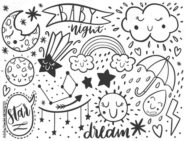 Fototapeta Vector dooodle sketch kids set. Hand dreawn style. Baby wreath cloud,moon,sun,rainbow,cloud.