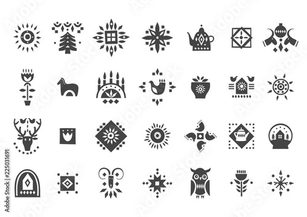 Fototapeta Vector set of black Christmas icons in scandinavian style.