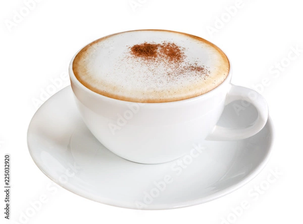 Obraz Gorąca kawa cappuccino w ceramicznym kubku na białym tle, zawiera ścieżkę przycinającą