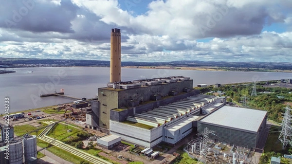 Fototapeta Aerial image of Longannet power station on the north coast of the Firth of Forth in Scotland, near Kincardine. Now disused and in the process of being demolished.