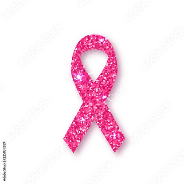 Fototapeta Pink ribbon. Pink glitter ribbon symbol of breast cancer awareness on white background. Element with shadow