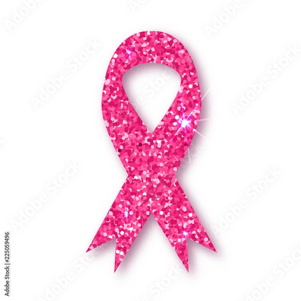 Fototapeta Pink ribbon. Pink glitter ribbon symbol of breast cancer awareness on white background. Element with shadow