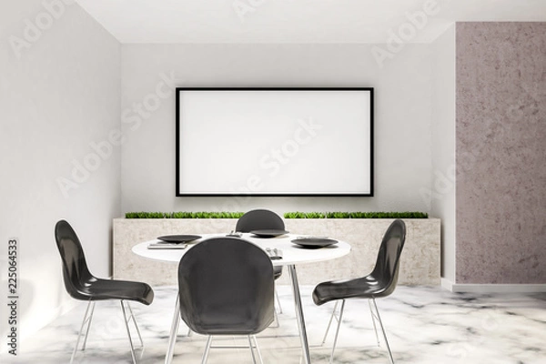 Fototapeta White dining room interior, round table, poster