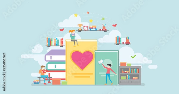 Fototapeta Book Lover Tiny People Character Concept Vector Illustration, Suitable For Wallpaper, Banner, Background, Card, Book Illustration, Web Landing Page, and Other Related Creative