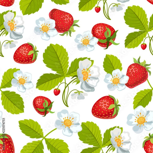 Fototapeta Strawberry with leaves and flowers. Seamless pattern
