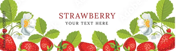 Fototapeta Vector strawberry horizontal banner with flowers. Vector