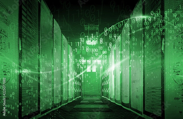 Obraz cząsteczki kodu binarnego i świecąca neonowa fala cybernetyczna. w nowoczesnej serwerowni Big data. Koncepcja technologii Internetu lub cyberprzestrzeni. Odcień zielony
