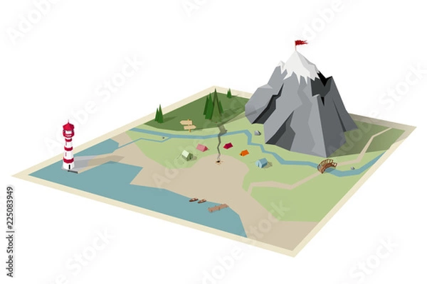 Obraz landscape camping map with sea, forest and mountain