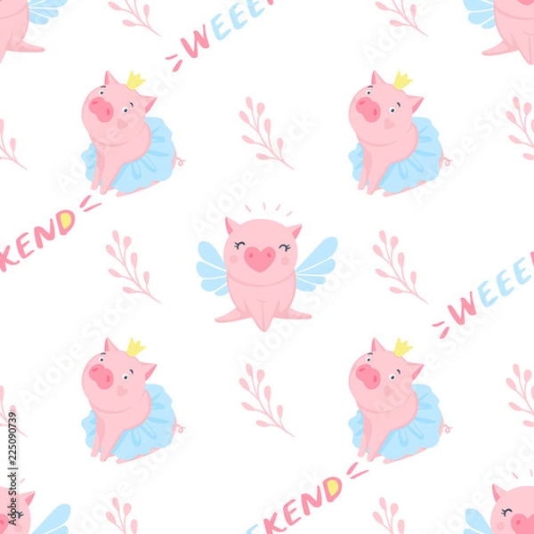 Fototapeta Vector seamless pattern with funny pigs. Pig background isolated on white.