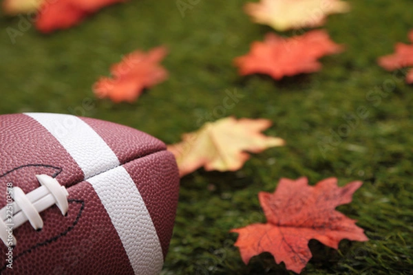 Fototapeta American football on grass next to some autumn fallen maple leaves (focus on the ball)