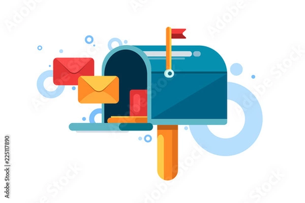 Obraz Blue mailbox with red flag and letters inside.