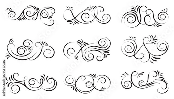 Fototapeta Ornamental design elements.Black dividers on white background. Vector illustration for design, postcard, menu, wedding invitation and books.