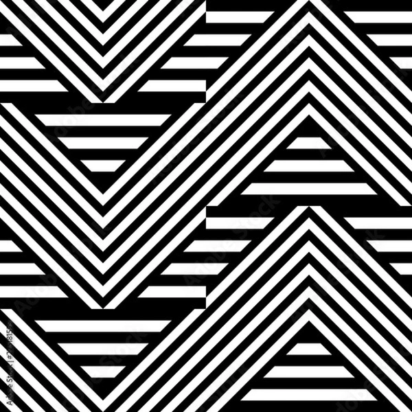 Obraz Seamless pattern with striped black white straight lines and diagonal inclined lines (zigzag, chevron). Optical illusion effect, op art. Vector vibrant decorative background, texture.