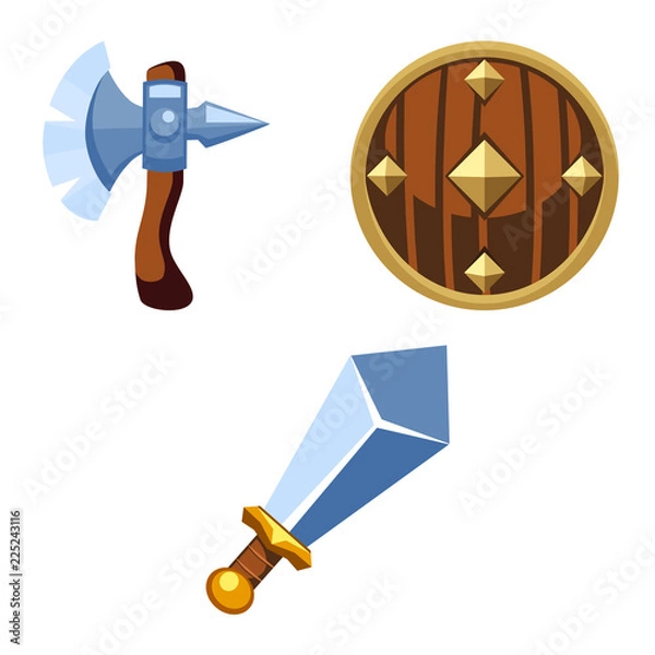 Fototapeta Cartoon weapons set, axe, shield, sword