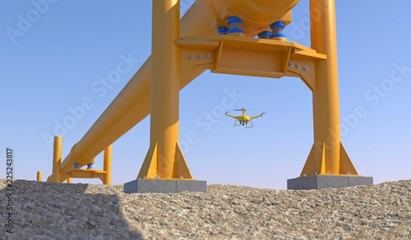 Fototapeta 3D illustration of a UAV drone in flight inspecting an oil/gas pipeline on rocky ground. Fictitious UAV, motion blur and depth-of-field for dramatic effect.
