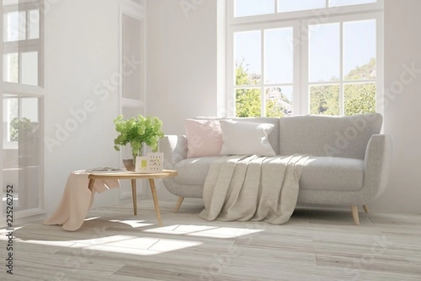 Fototapeta Idea of white room with sofa and summer landscape in window. Scandinavian interior design. 3D illustration
