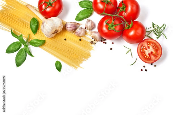 Fototapeta Spaghetti pasta with tomatoes garlic and basil isolated on white background. Top view.