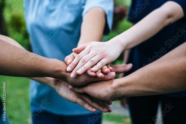 Fototapeta Close up team students teamwork stack hands together. Startup, Success concept.