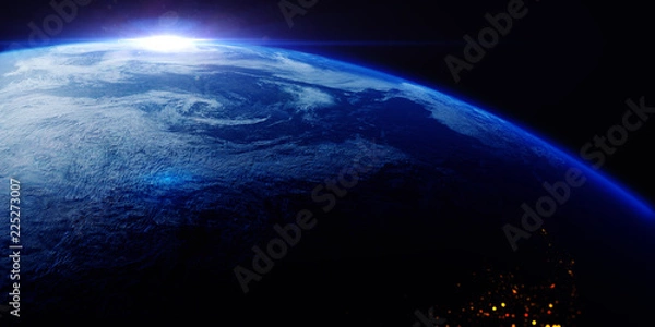 Fototapeta A view of the Earth from outer space/3D Rendering rotating planet Earth with a sun-baked side and a dark side with the lights of cities. Some elements of the image provided by NASA