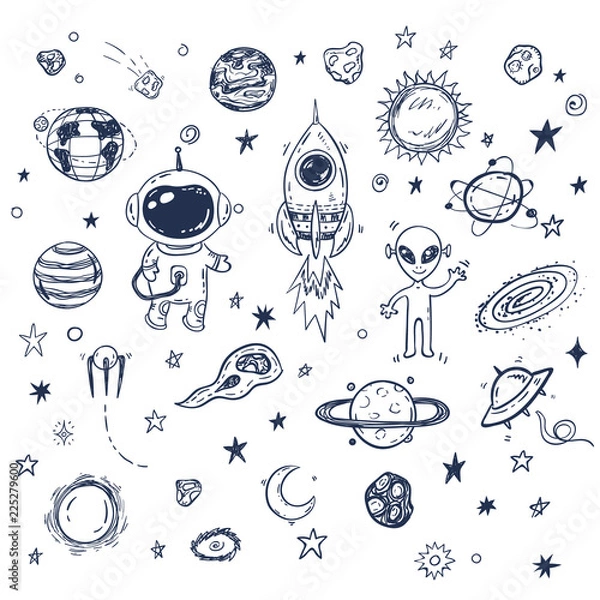 Fototapeta Doodle wektor podróży kosmicznych z rakietą, astronautą, kosmitą, planetami, gwiazdami. Ręcznie rysowane druk lub plakat, elementy