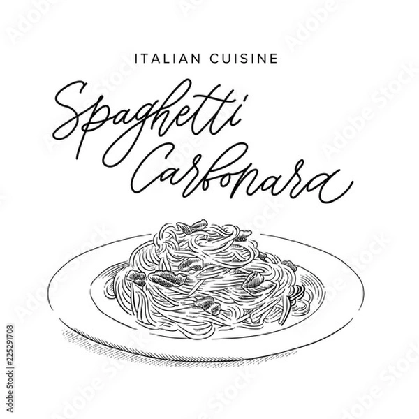 Obraz włoski makaron spaghetti carbonara na talerzu, styl szkic ilustracji wektorowych
