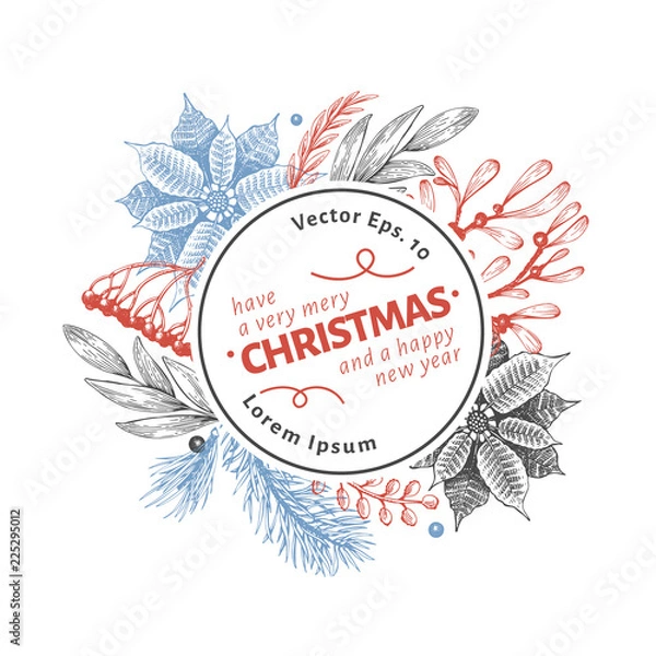 Fototapeta Greeting Christmas card in vintage style. Vector hand drawn illustrations. Logo template with coniferous, pine branches, berries, holly, mistletoe. Winter forest background. Merry Christmas template.