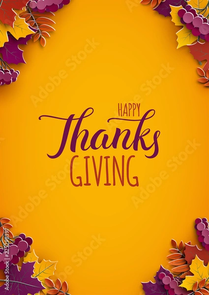 Fototapeta Thanksgiving holiday poster with congratulation text. Autumn tree leaves on yellow background. Autumnal design for fall season poster, thanksgiving greeting card, paper cut style, vector illustration
