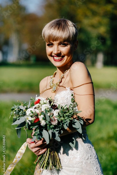 Fototapeta portrait of a bride with a short haircut