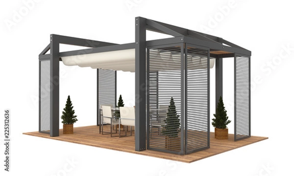 Obraz 3D render of modern luxury garden pergola. With plants and furniture. Isolated on white background.