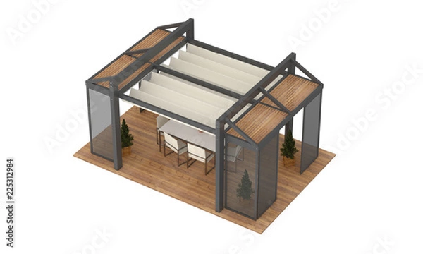 Obraz 3D render of modern luxury garden pergola. With plants and furniture. Isolated on white background.