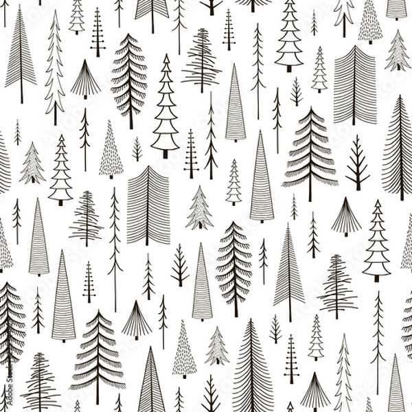 Fototapeta Seamless pattern of hand-drawn firs
