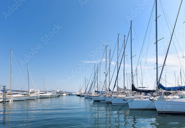 Fototapeta A sunny day in the harbour with yachts and sailing boats