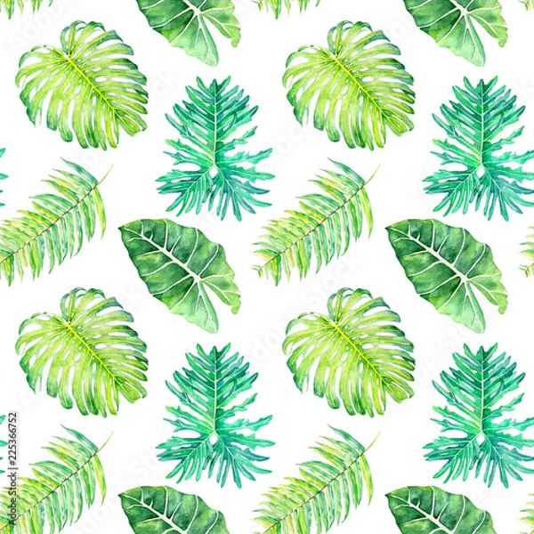 Obraz Hand drawn watercolor seamless pattern with tropical leaves 