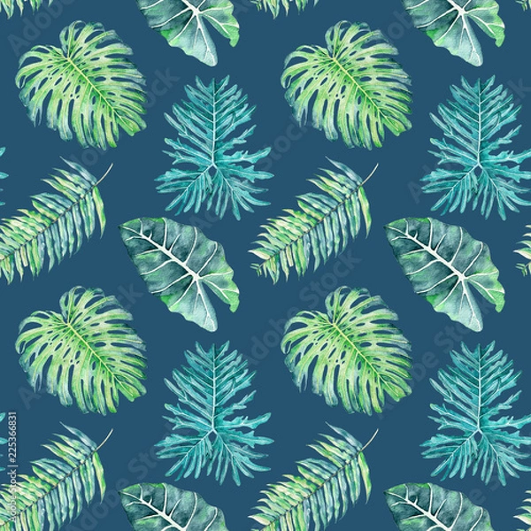 Obraz Hand drawn watercolor seamless pattern with tropical leaves 