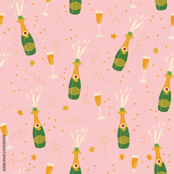 Fototapeta Champagne bottles and glasses vector seamless pattern on pink background. Hand drawn champagne explosion and champagne flutes. Coordinate for sip and see collection. Party invitation, holiday card